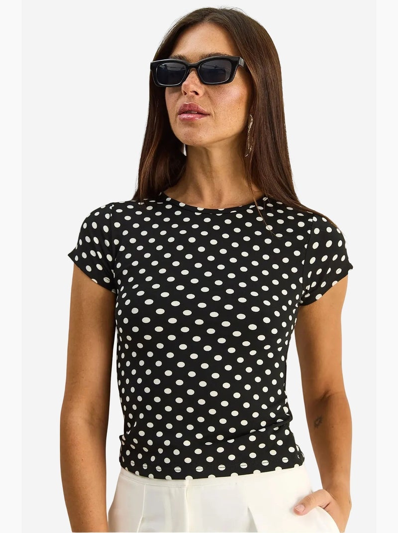 Crop-t-shirt met polkadots en ronde hals lucci Zwart Wit - Kiabi