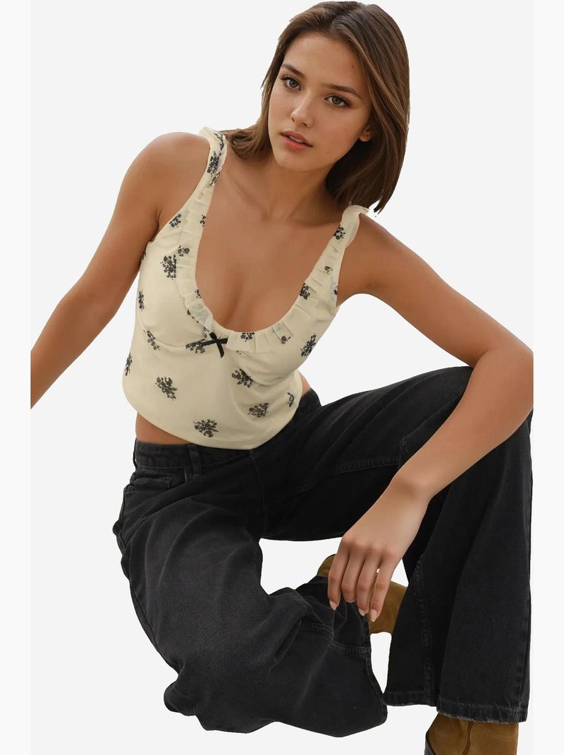 Crop tanktop met u-hals en print hiccup Crème - Kiabi