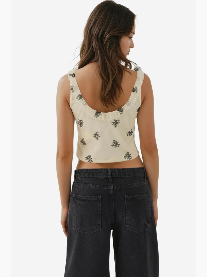 Crop tanktop met u-hals en print hiccup Crème - Kiabi