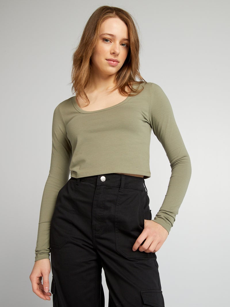 Crop-top manches longues Kaki - Kiabi
