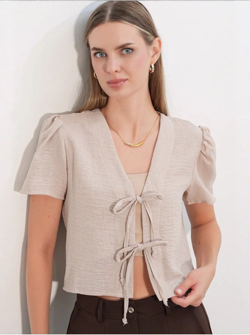 Crop top texturé en mélange de lin à col en v bdart - Kiabi