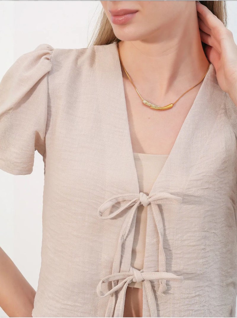 Crop top texturé en mélange de lin à col en v bdart Beige argile - Kiabi