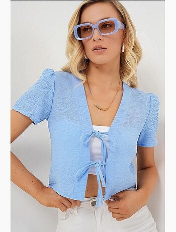 Crop top texturé en mélange de lin à col en v bdart