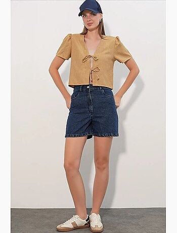 Crop top texturé en mélange de lin à col en v bdart