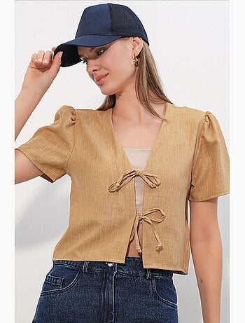 Crop top texturé en mélange de lin à col en v bdart
