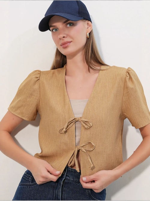 Crop top texturé en mélange de lin à col en v bdart - Kiabi
