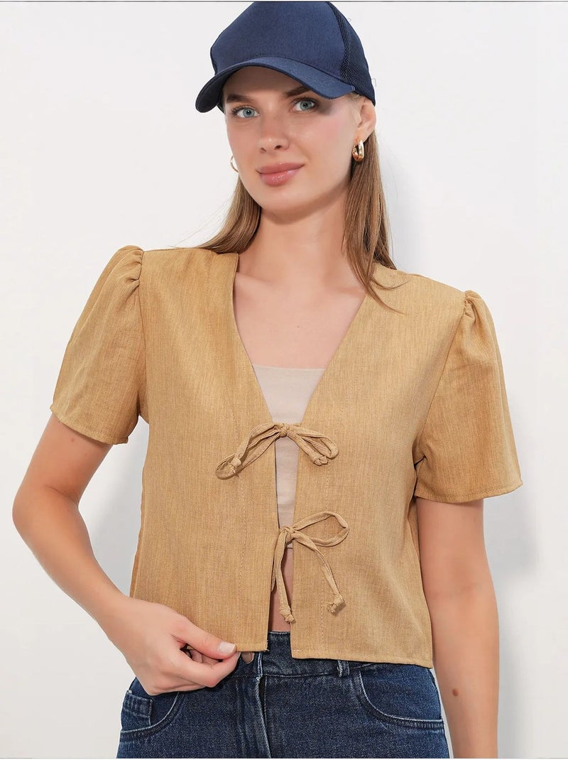 Crop top texturé en mélange de lin à col en v bdart Camel - Kiabi