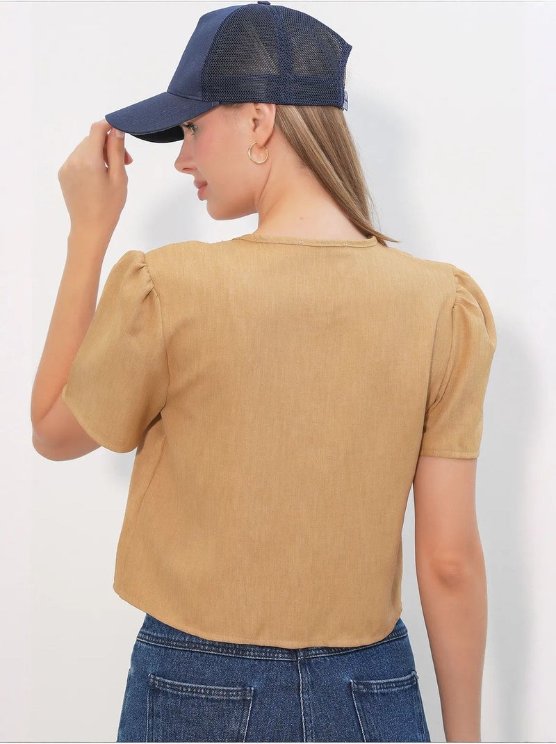 Crop top texturé en mélange de lin à col en v bdart Camel - Kiabi