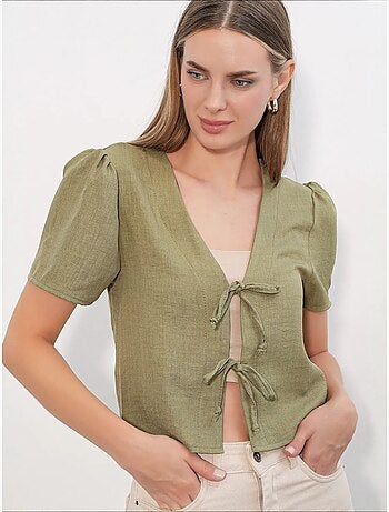 Crop top texturé en mélange de lin à col en v bdart