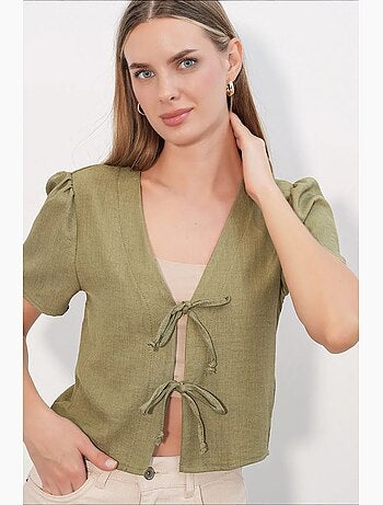 Crop top texturé en mélange de lin à col en v bdart