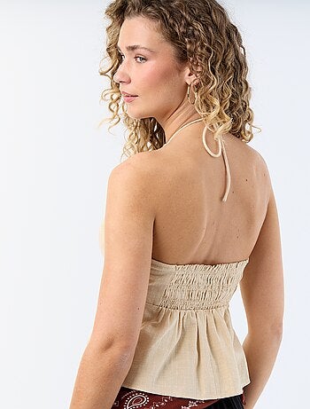 Crop top van linnenmix met parels
