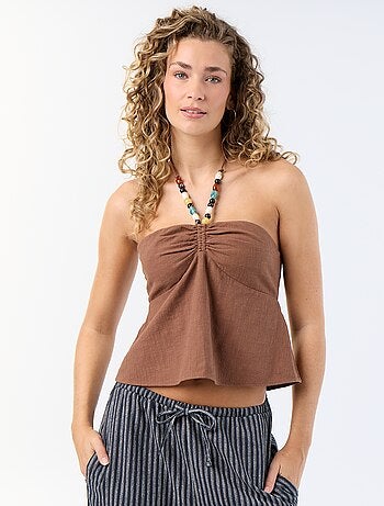 Crop top van linnenmix met parels