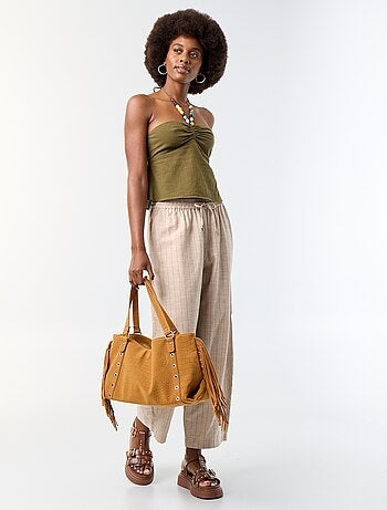 Crop top van linnenmix met parels