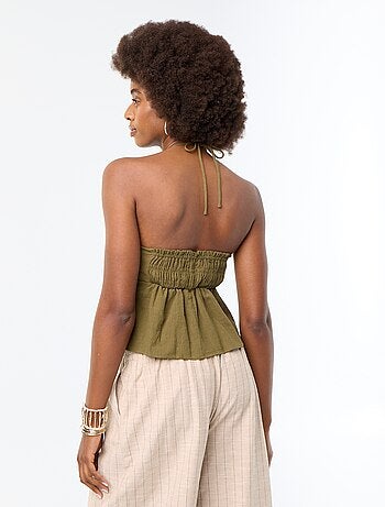 Crop top van linnenmix met parels