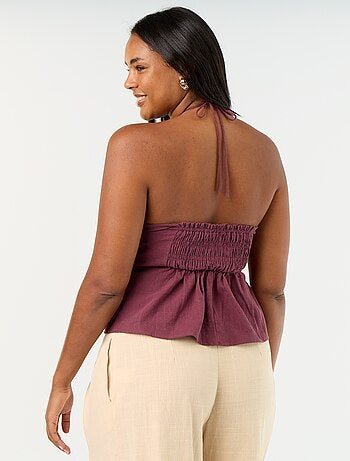 Crop top van linnenmix met parels