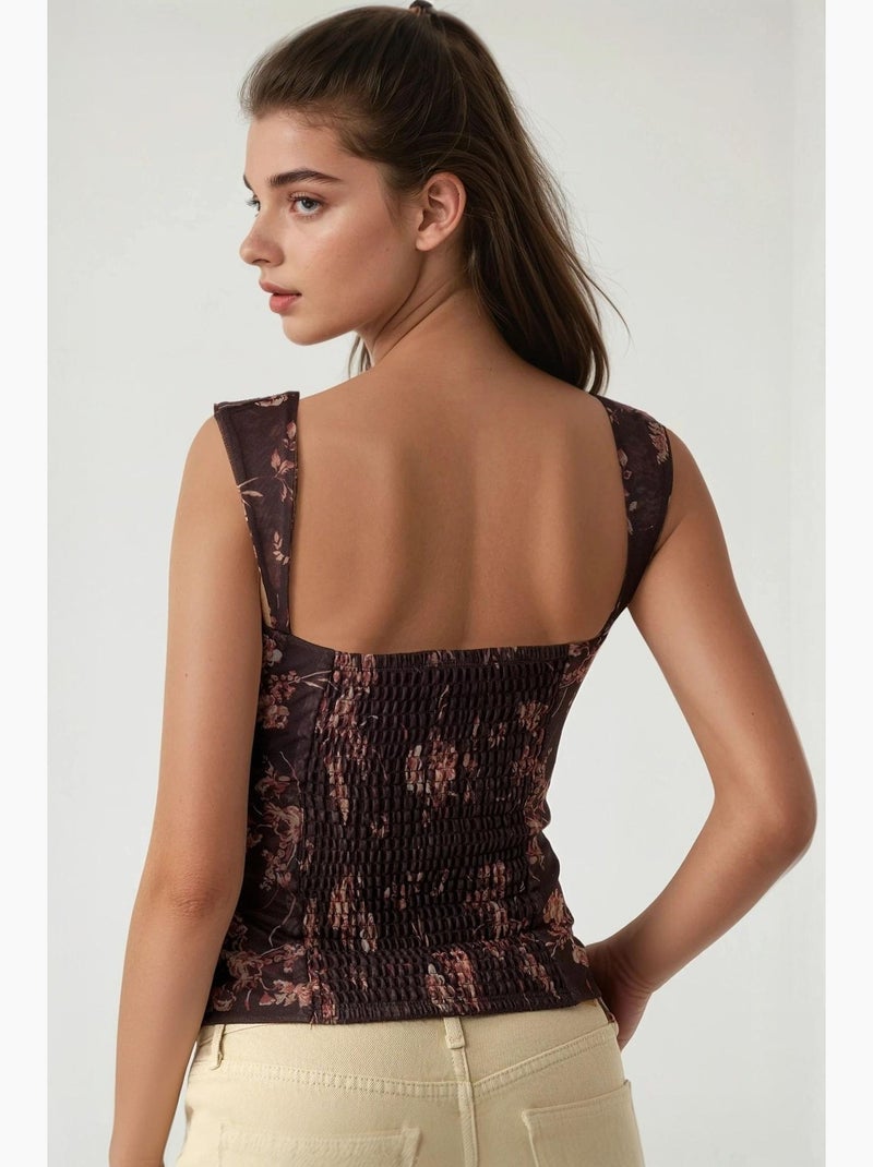 Crop top van tule met print en hartkraag hiccup Chocoladebruin - Kiabi