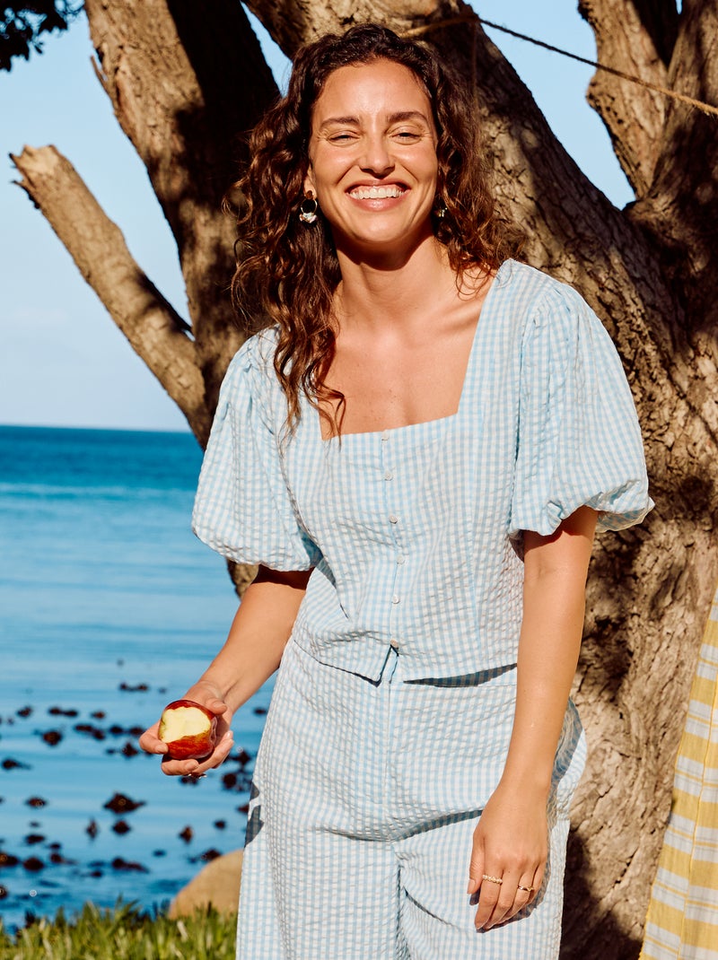 Cropped blouse van gewafelde stof Blauw - Kiabi