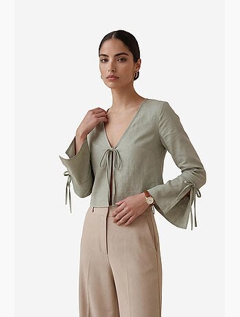 Cropped linnen shirt met v-hals en strikdetail my fashion
