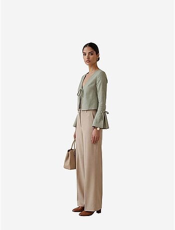 Cropped linnen shirt met v-hals en strikdetail my fashion