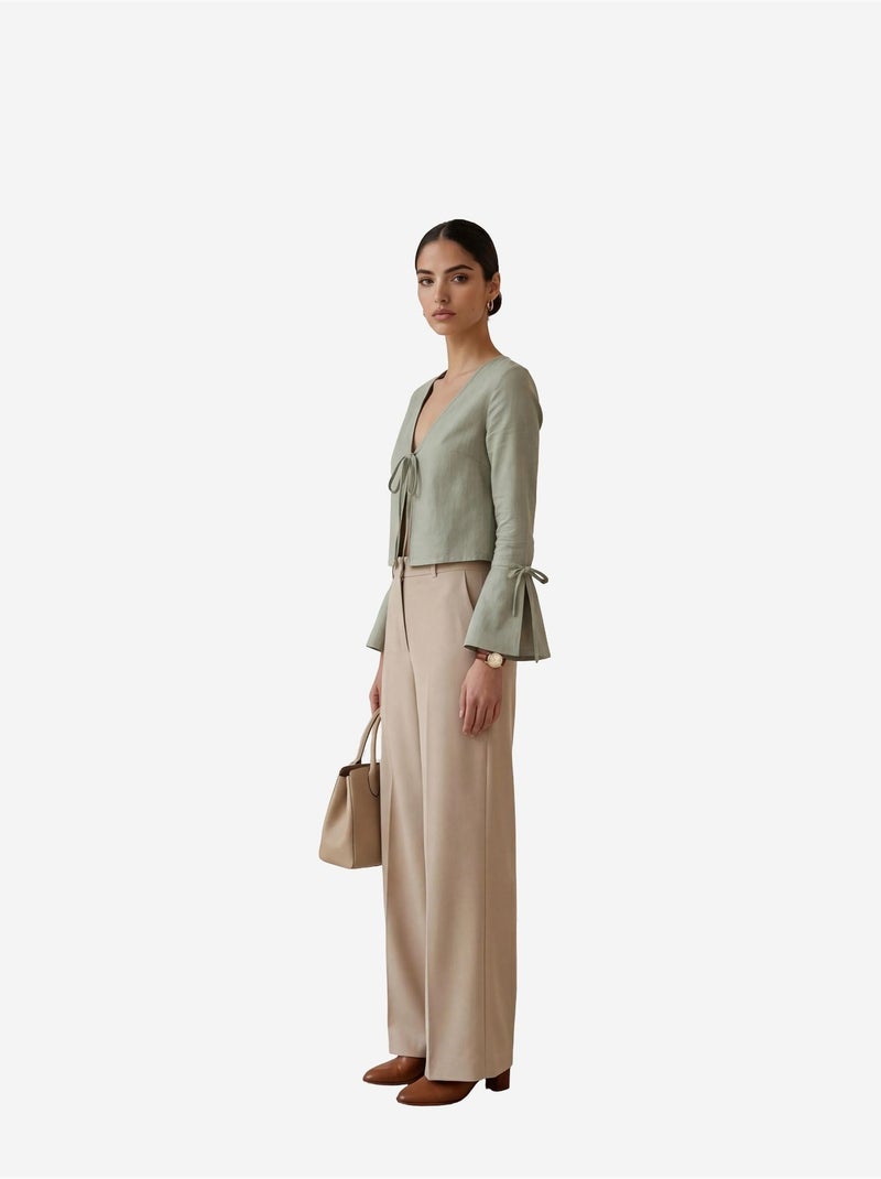 Cropped linnen shirt met v-hals en strikdetail my fashion Pastelgroen - Kiabi