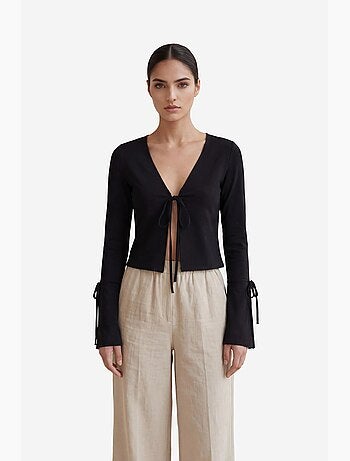 Cropped linnen shirt met v-hals en strikdetail my fashion