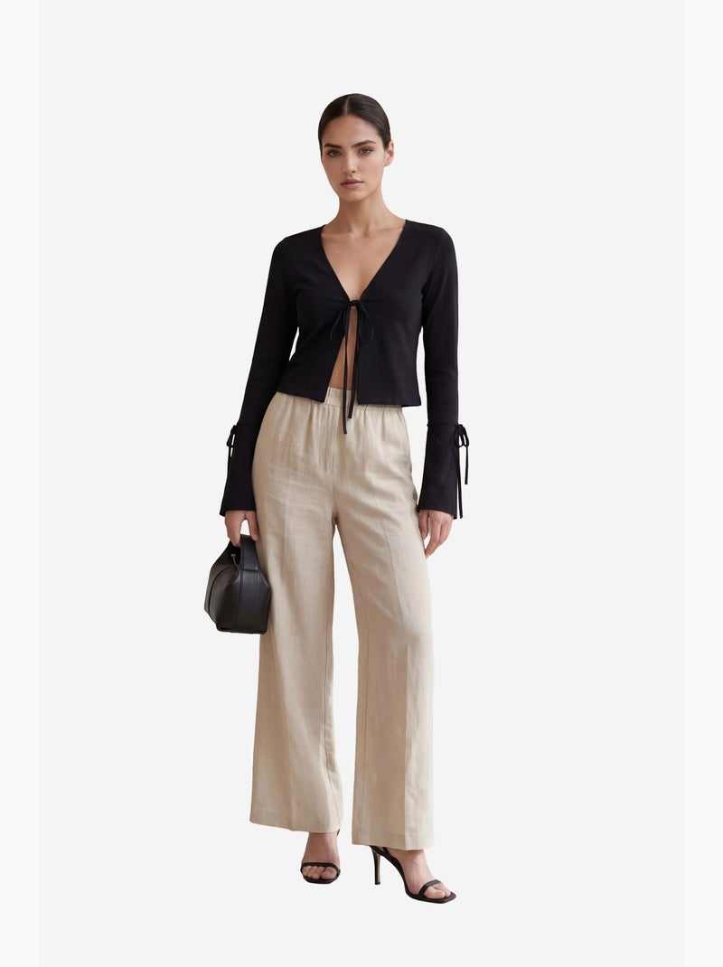 Cropped linnen shirt met v-hals en strikdetail my fashion Zwart - Kiabi