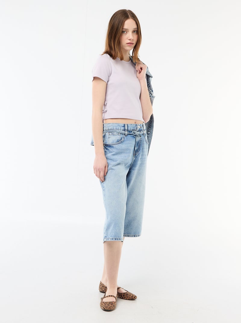 Cropped rib T-shirt met knoopjes Paars - Kiabi