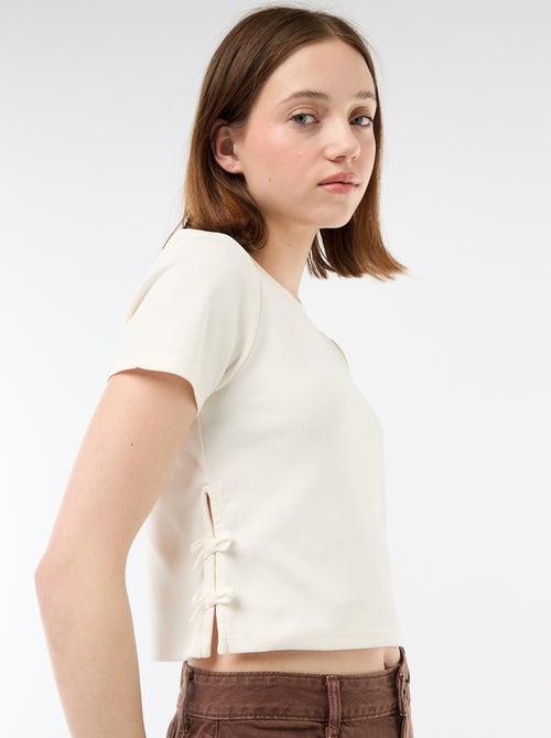 Cropped rib T-shirt met knoopjes - Kiabi