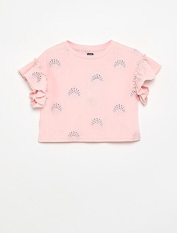 Cropped T-shirt met broderie anglaise