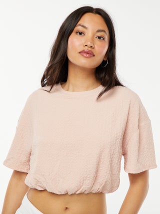 Cropped T-shirt van gewafeld tricot