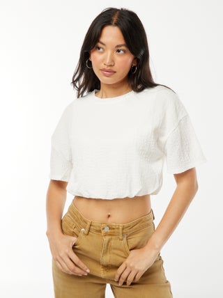 Cropped T-shirt van gewafeld tricot