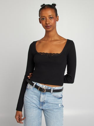 Cropped T-shirt van ribtricot met lange mouw