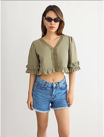 Cropped v-hals blouse met ruches hiccup