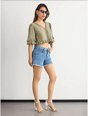 Cropped v-hals blouse met ruches hiccup