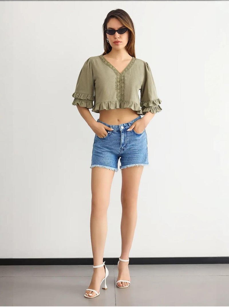 Cropped v-hals blouse met ruches hiccup Groen - Kiabi