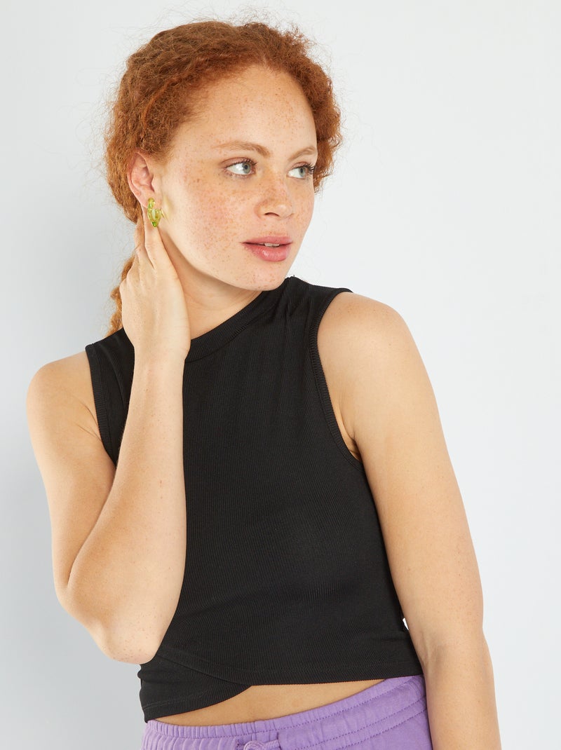 Croptop met overslag en ribbeltextuur zwart - Kiabi