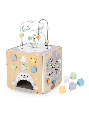 Cube d'activité bois avec boulier, boucle motorisée, trieur formes, labyrinthe forme arbre