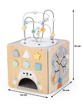Cube d'activité bois avec boulier, boucle motorisée, trieur formes, labyrinthe forme arbre
