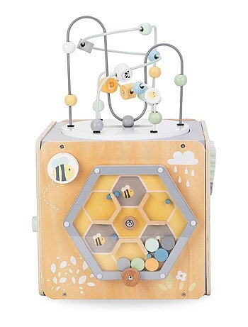 Cube d'activité bois avec boulier, boucle motorisée, trieur formes, labyrinthe forme arbre