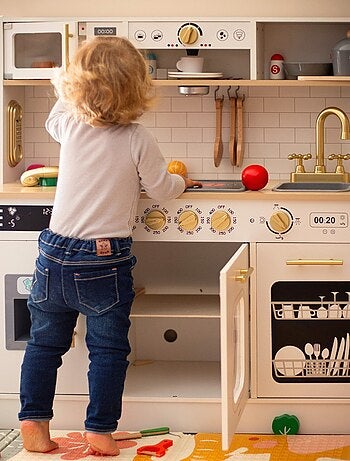 Cuisine enfant bois, led, micro-ondes, lave-vaisselle, machine à café, four