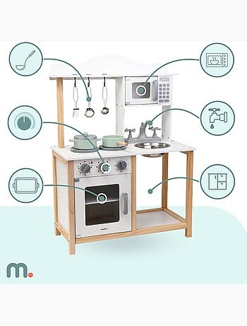 Cuisine enfant bois, micro-ondes, four, évier et accessoires, sons mécanique, jouet montessori +3
