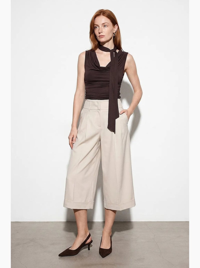 Culotte broek hoge taille crêpe dilvin Klei-beige - Kiabi