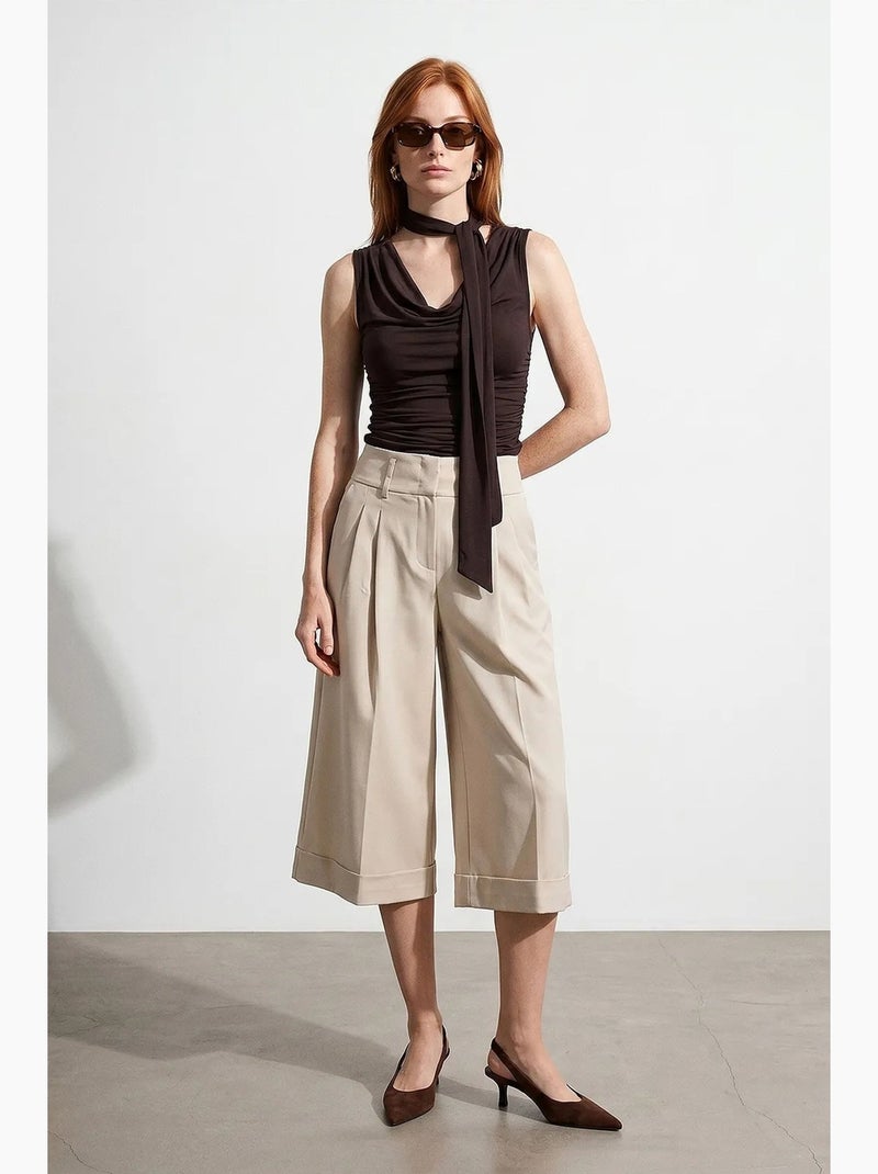 Culotte broek hoge taille crêpe dilvin Klei-beige - Kiabi