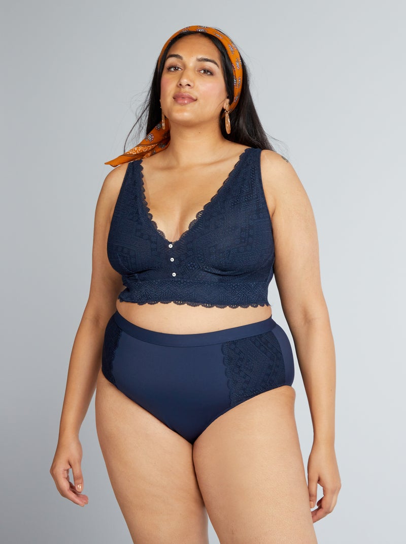 Culotte haute bi-matière avec dentelle Bleu canard - Kiabi