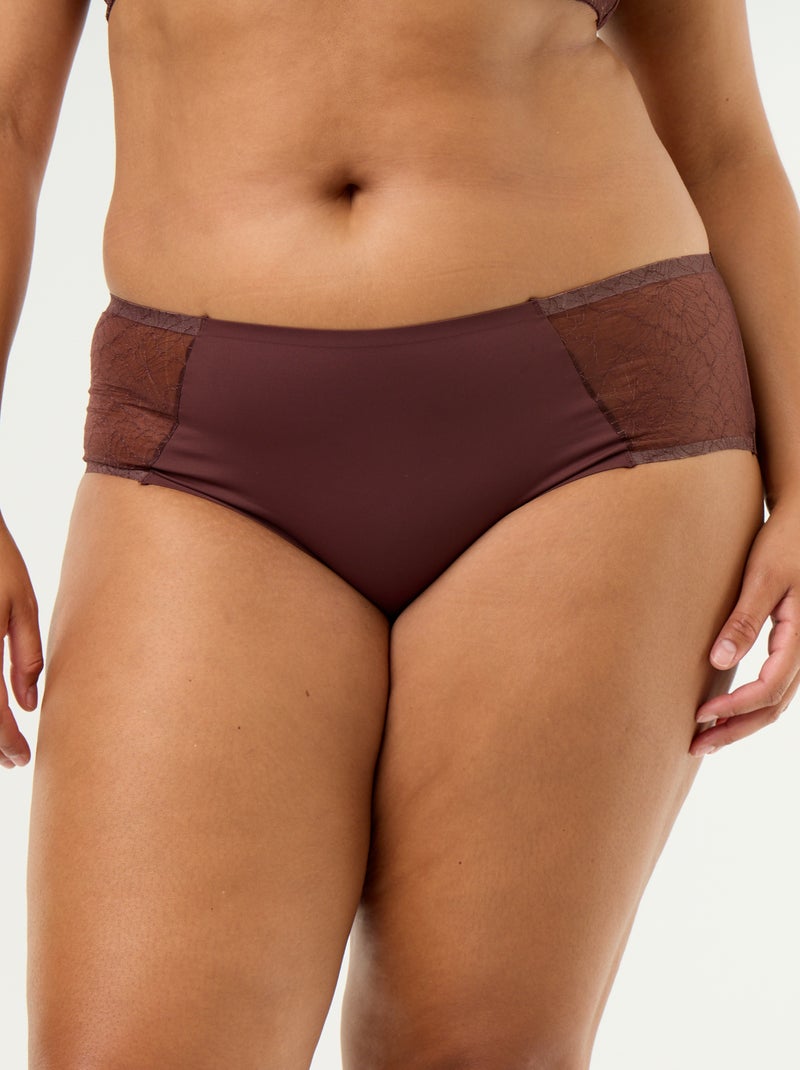 Culotte haute en microfibre avec dentelle Marron - Kiabi