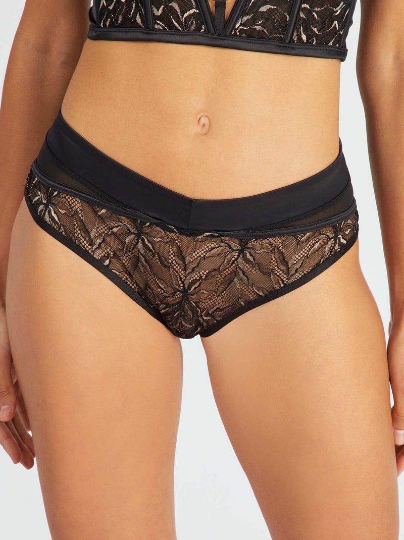 Culotte haute micro et dentelle noir - Kiabi