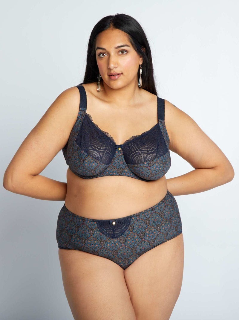 Culotte microfibre imprimée et dentelle bleu marine - Kiabi