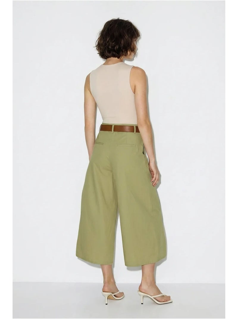 Culotte plissée à jambe large et taille haute lucci Kaki - Kiabi