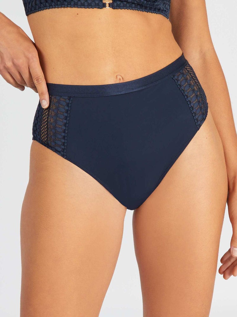 Culotte taille haute microfibre et dentelle bleu marine - Kiabi