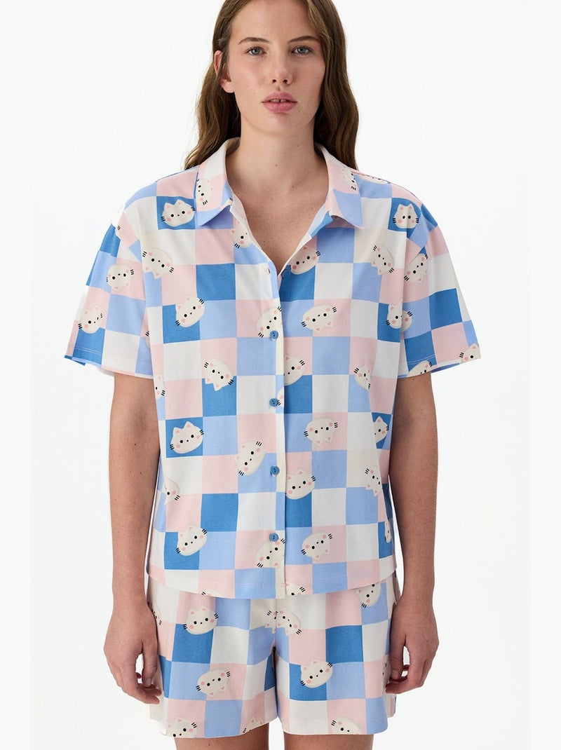 Cuteness pyjamaset met ruitmotief, kort mouw overhemd en short penti Blauw Roze Wit - Kiabi